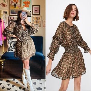 Zara Floral Smocked Beaded Embellished Detail Dress Blogger Fav Size XS